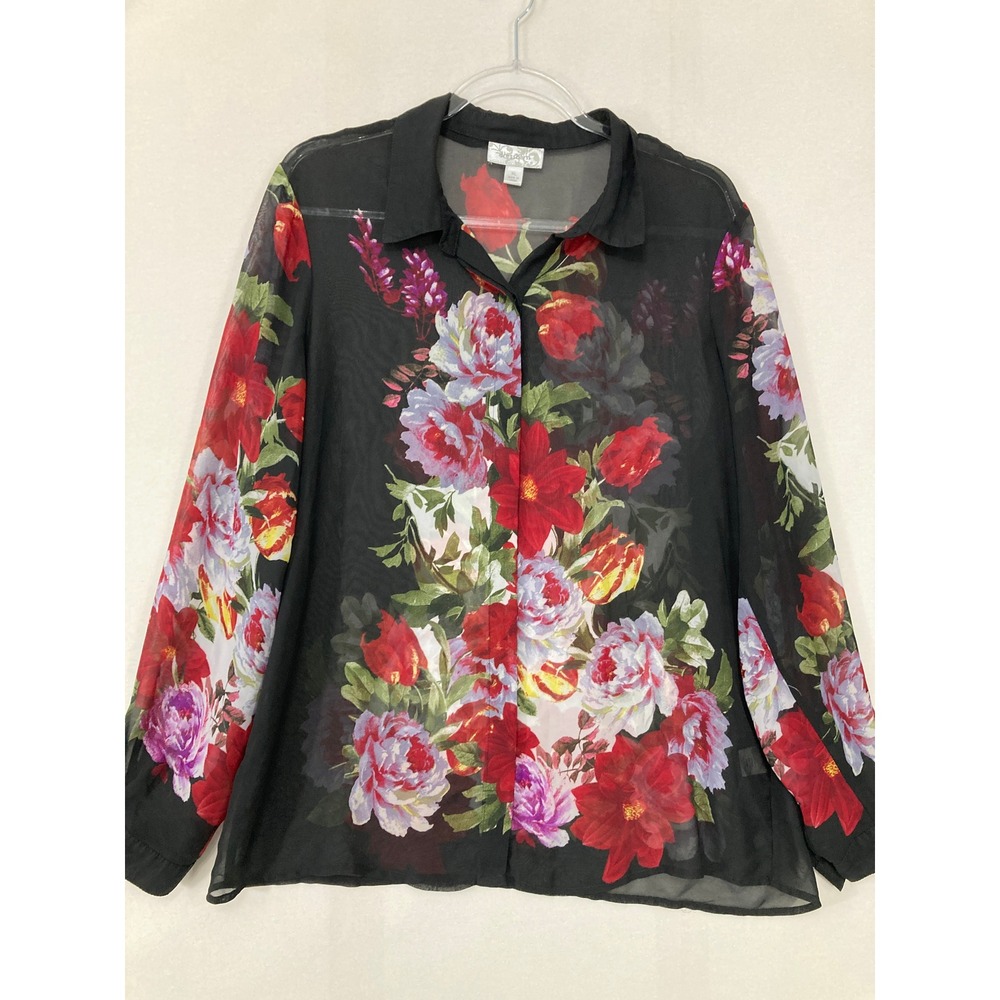 Dressbarn Blouse XL Black Floral Sheer Button Down Long Sleeve Top Feminine - Picture 2 of 9